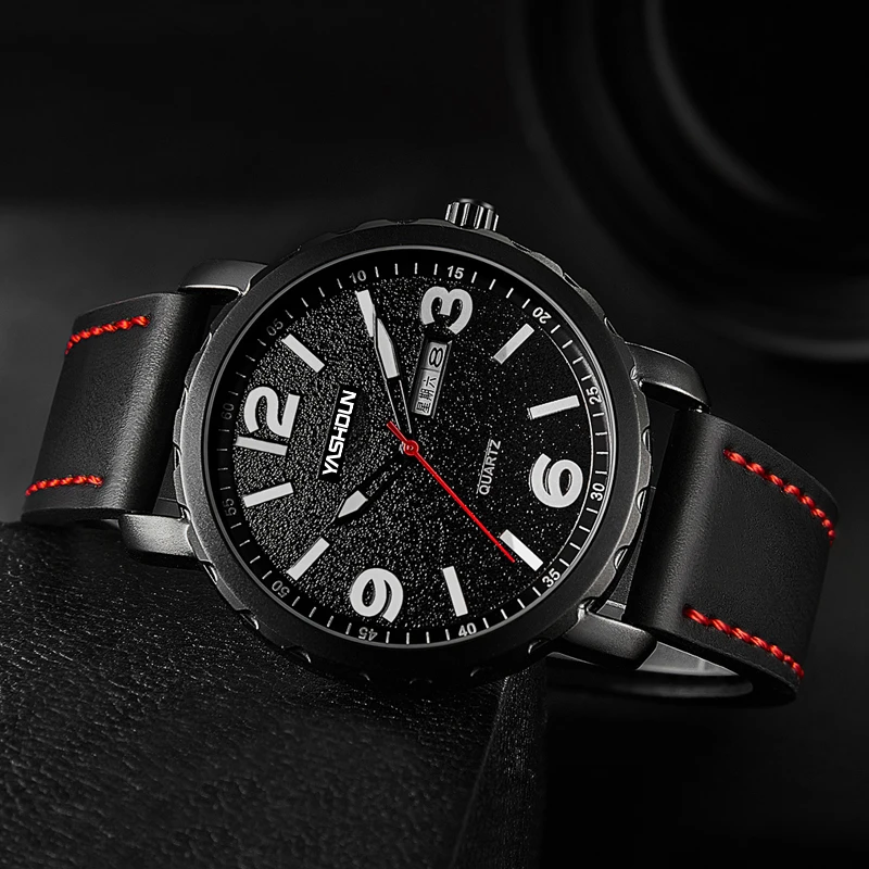 yashidun marca masculina relógio de quartzo relógio esportivo data pulseira de couro genuíno casual relógio de pulso à prova dwaterproof água reloj hombre