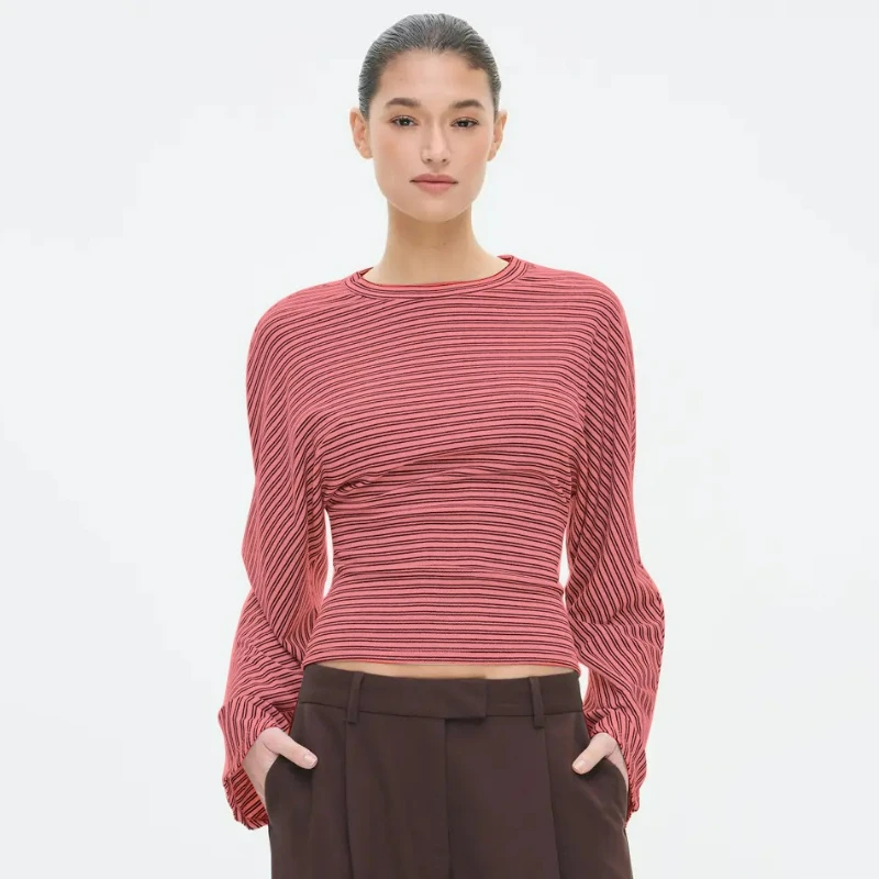 New Item Versatile Striped Waist Cinching Short Sleeved T-shirt Top 2026 Spring Autumn American Style Fashionable Women Clothing