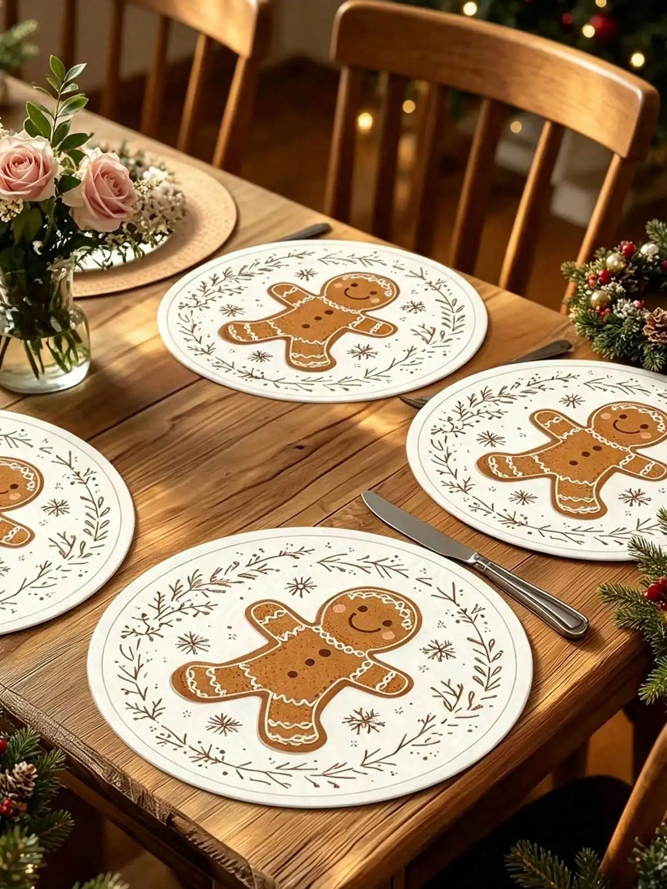 8/4pcs/1pc Christmas Gingerbread Man Placemat – Table Decoration Suitable For Christmas Parties, Christmas Tree Decor, Themed Parties, Thanksgiving, New Year's, Party Favors, Holiday Gatherings, And Festive Scene Decorations.