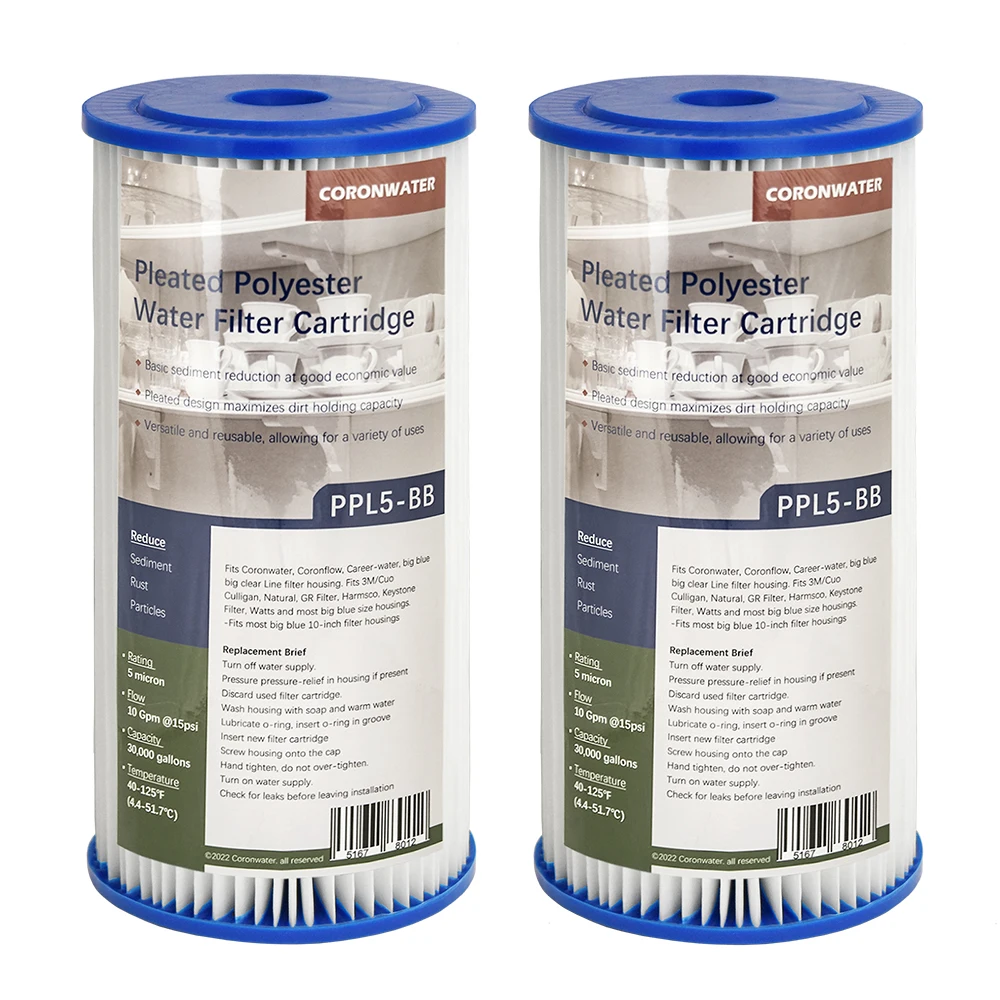 Coronwater-Filtro de água Polyster plissado, sedimentos e filtragem de água, PPL5-BB, 4,5 polegadas, 5 mícrons