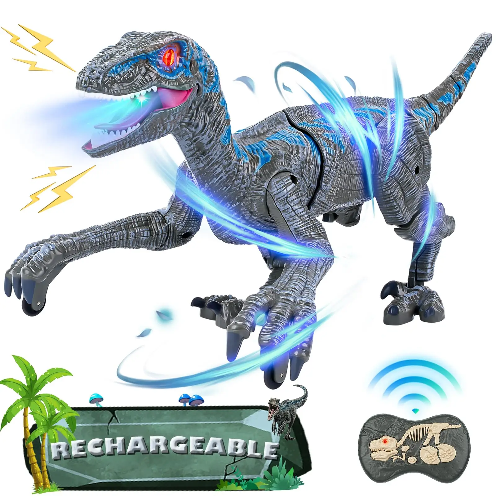 Dinosaur Remote Control Toy for Kids - 2.4GHz Realistic Velociraptor Dino Rechargeable with Light, Walking, Roaring, Twisting,