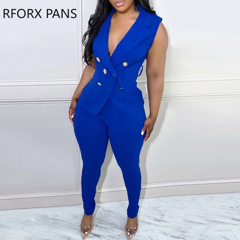 

Women Elegant Solid Sexy Tank Blazer Bright Line Decoration Button Long Working Pants Sets