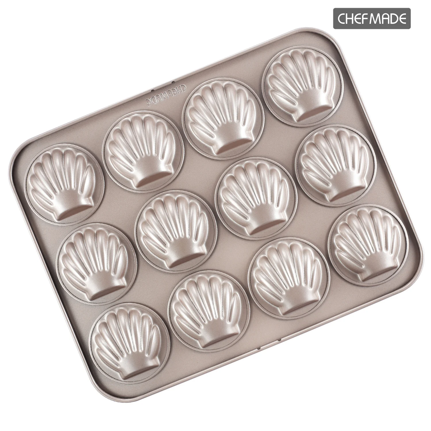 CHEFMADE Madeleine Mold Cake Pan, 12-Cavity Non-Stick Scallop Madeline Bakeware for Oven Baking (Champagne Gold)