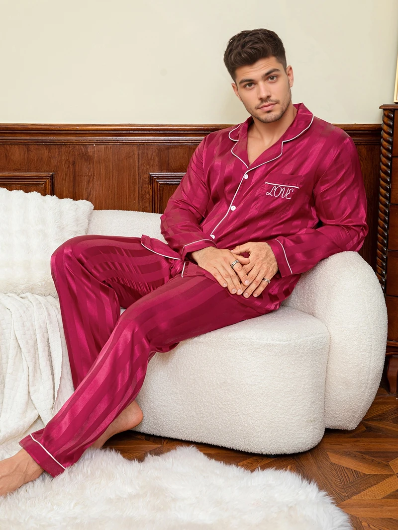 

Wine Red Stripe 2pcs Silky Pajama Set For Men Long-Sleeve Lapel Top With Pockets And Pants Soft Satin Cozy Sleepware Loungewear