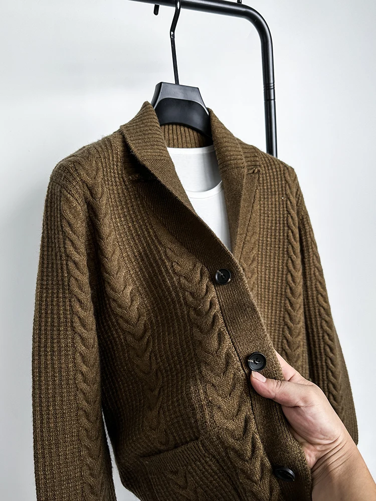 

Thiened Autumn Winter Men's Knitted Sweater Cardigan V-Ne Turn-down Collar Japanese Sle Retro Twist Coat Outerwear