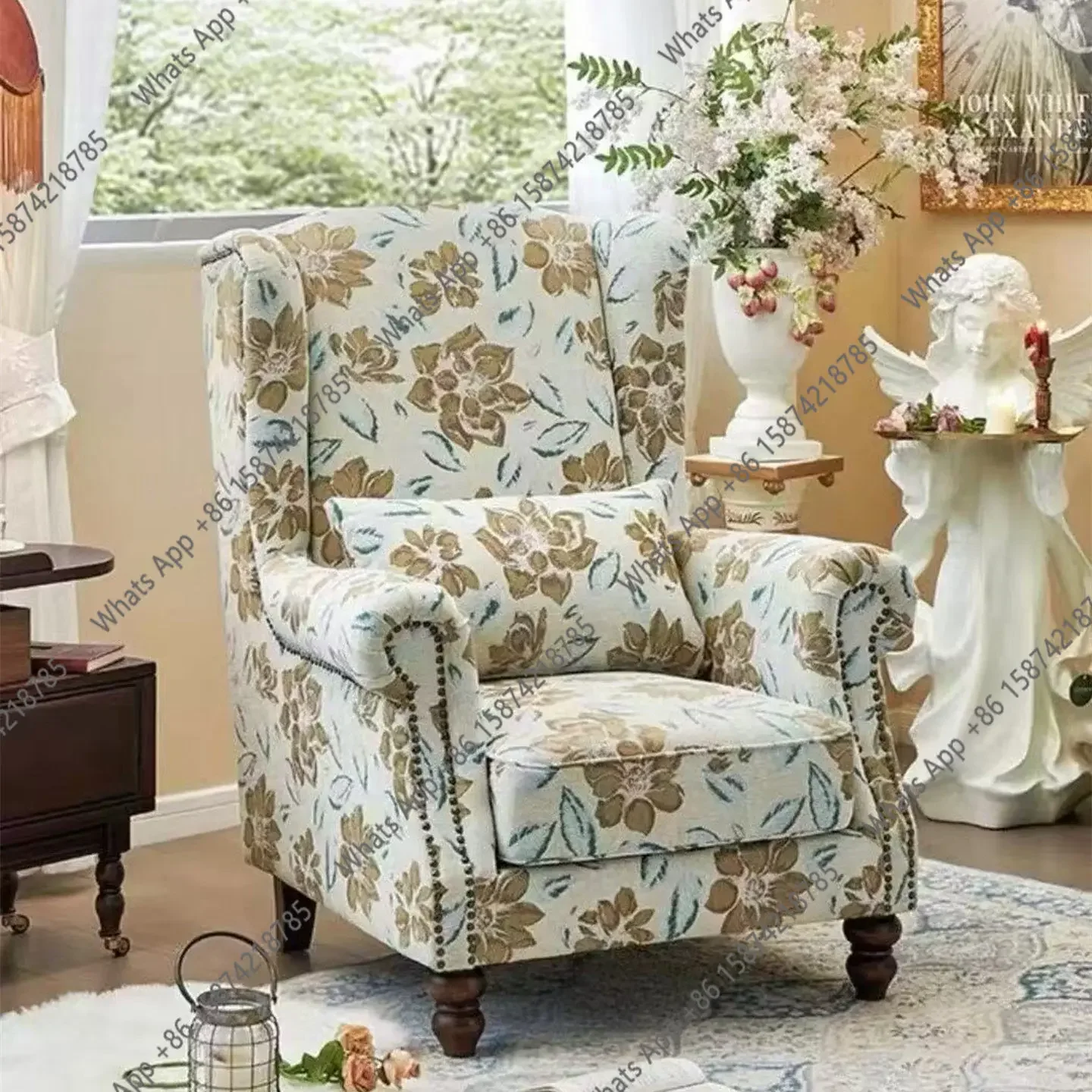 N64 American fabric chair single wooden sofa retro living room leisure chair bedroom high back stool combination