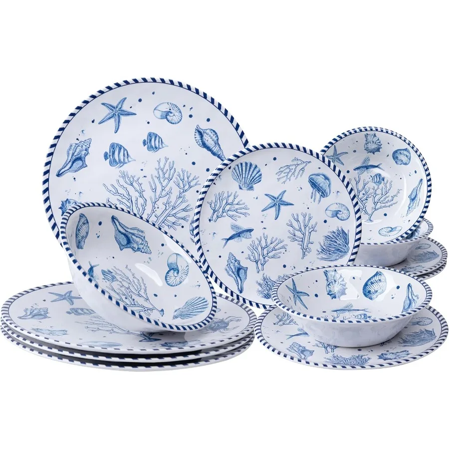 

Набор прибрежной посуды из 12 предметов, набор из 4 небьющихся и легких круглых тарелок и мисок, набор уличной посуды для патио