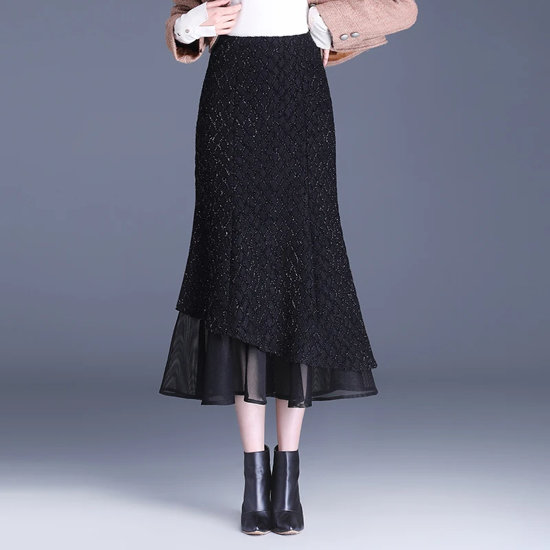 

ZUZK Women All-match Black Midi Mermaid Skirt Spring Autumn High Waist Lace Patchwork Mermaid Black Skirt Slim Female