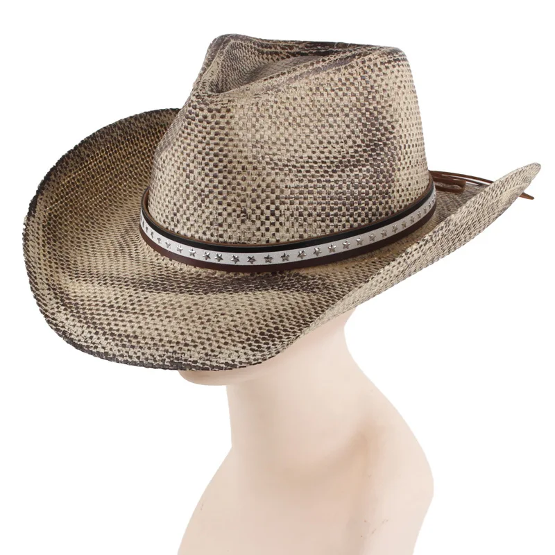 Spray-painted European And American Cowboy Jazz Hat With Curled Brim, Straw Hat For Outdoor Leisure And Sun Protection