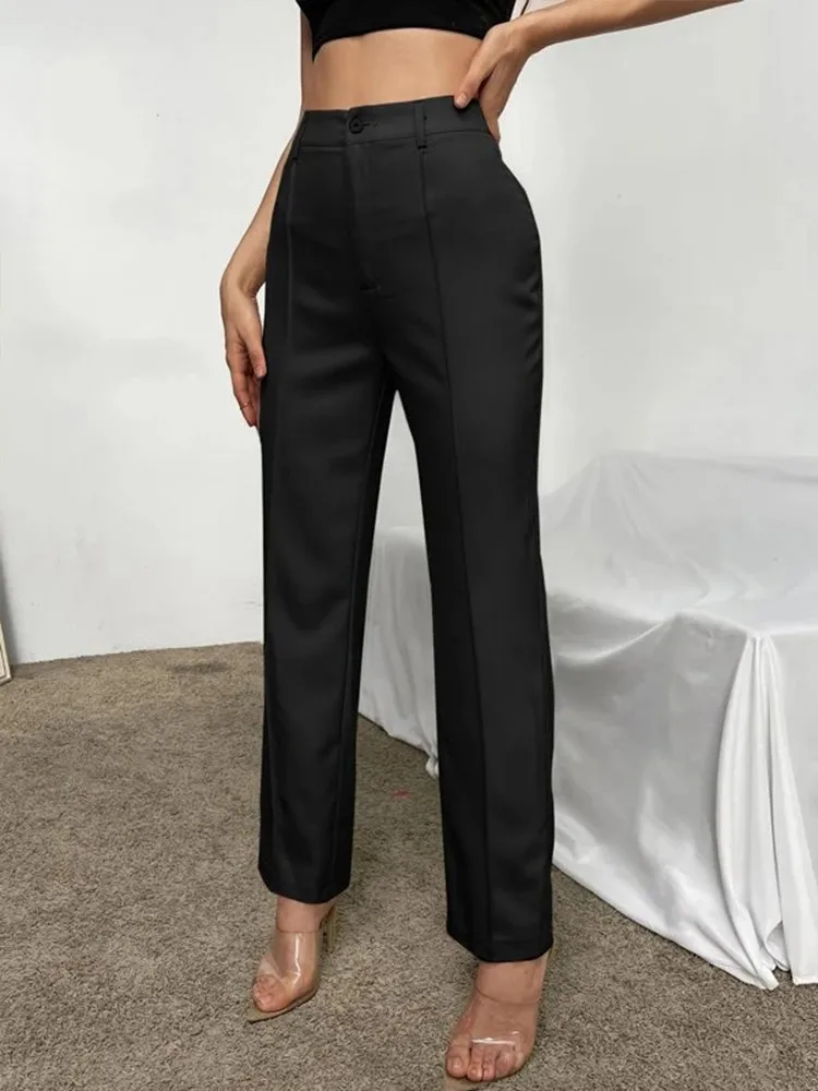 2024 New Fashion Casual Women\'s A-line Pants High Waisted Solid Black  Color Suit Seam Details Suit Straight Trousers