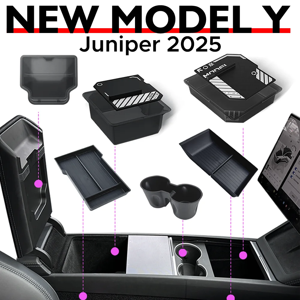 

Ящик для хранения консоли и подлокотников для Tesla New Model Y 2025 Juniper Launch ABS с силиконовым нескользящим ковриком Верхняя и нижняя чашка для воды