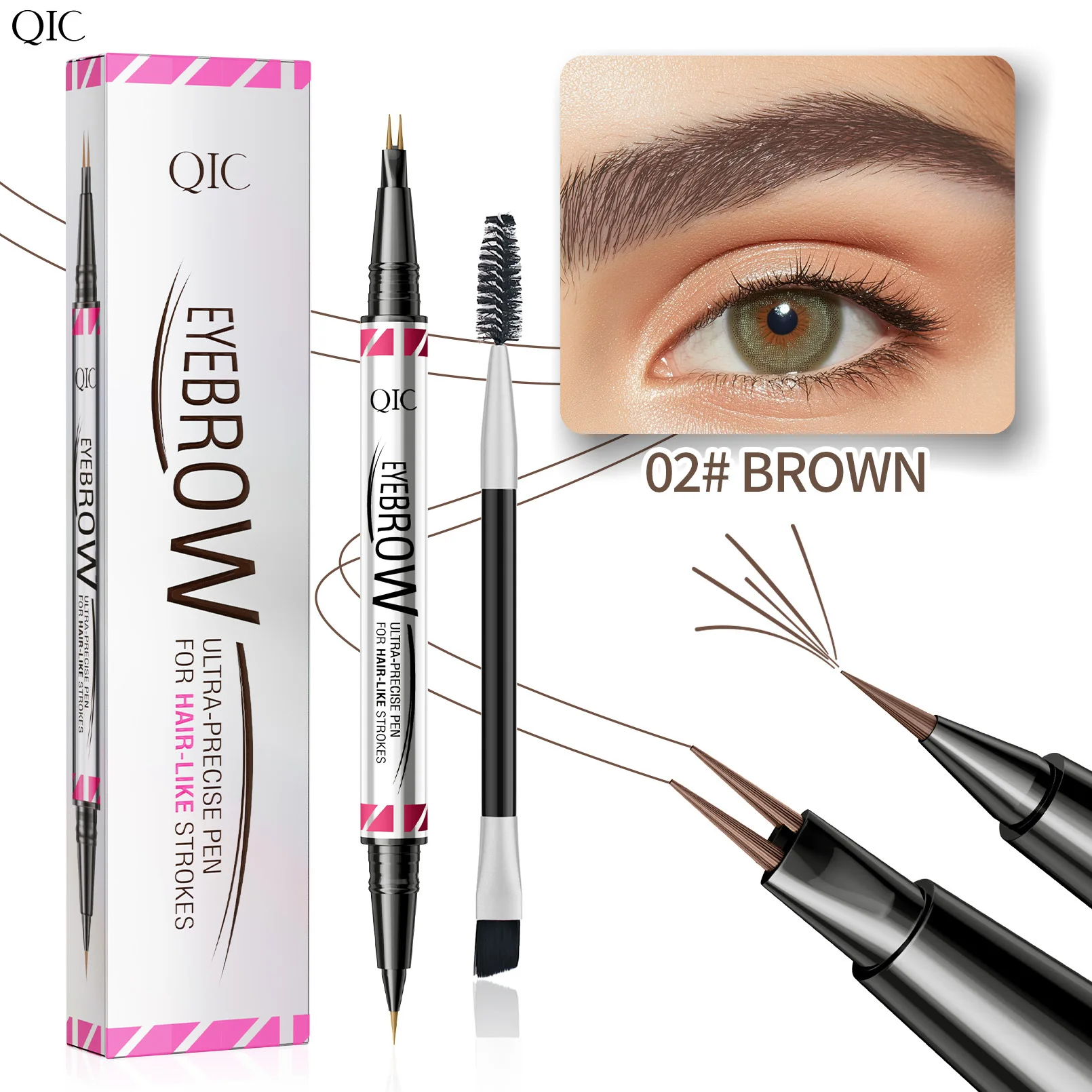 QIC Neuer Doppelkopf-Augenbrauenstift mit 2 Zinken, besonders präziser 2-in-1-Augenbrauenstift, Eyeliner, flüssiger Augenbrauenstift, langlebiges Make-up