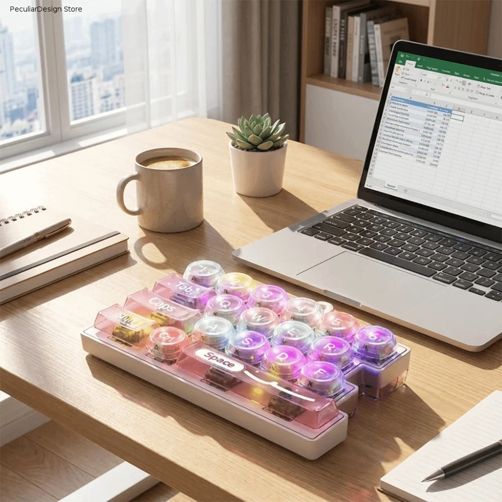 Portable Glowing 19 Keyboard Keychain Stress Relief with LED Lights Fingertip Button Key Ring Creative Fidget Office Decor