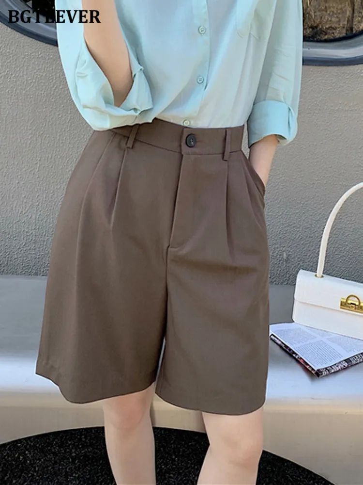 BGTEEVER Chic High Waist Ladies Suits Shorts Summer Casual Pockets Loose Button Women Shorts