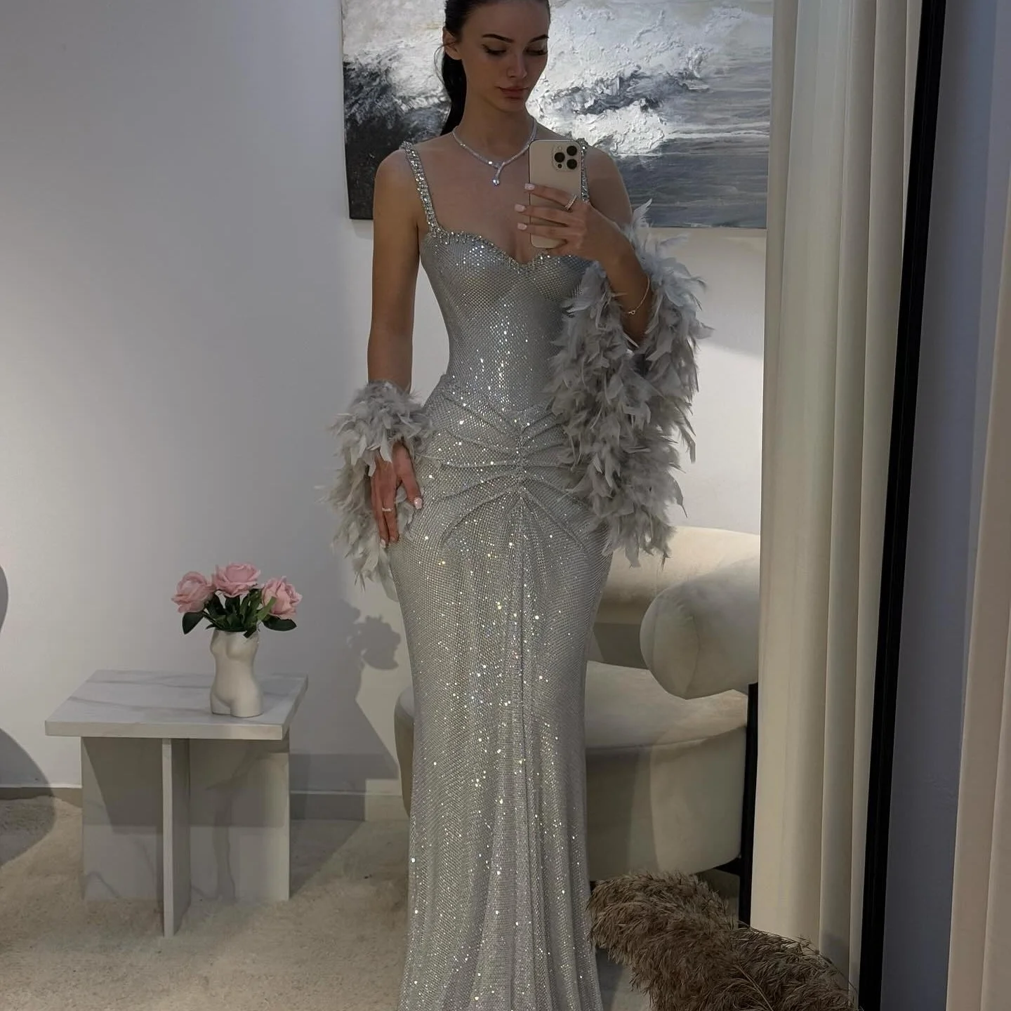 Amanda Customized Gray Sequin Glitter Spaghetti Strap Prom Dress Mermaid vestidos de noche Feathers Shawl Formal Evening 2025 image 2