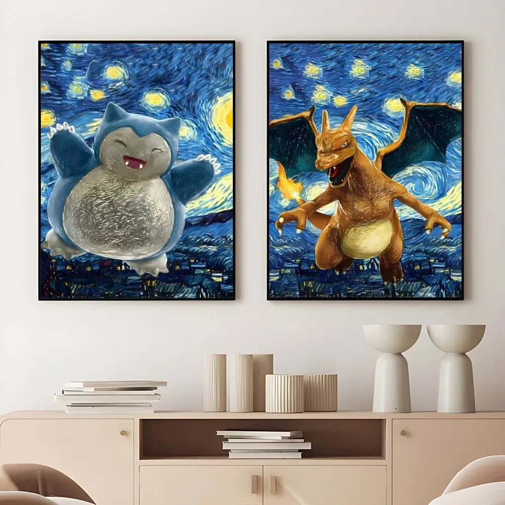 V-Van Gogh Snorlax Charizard Poster Sticky Wall Art Printing Waterproof Home Living Bed Room Bar Aesthetic Decor