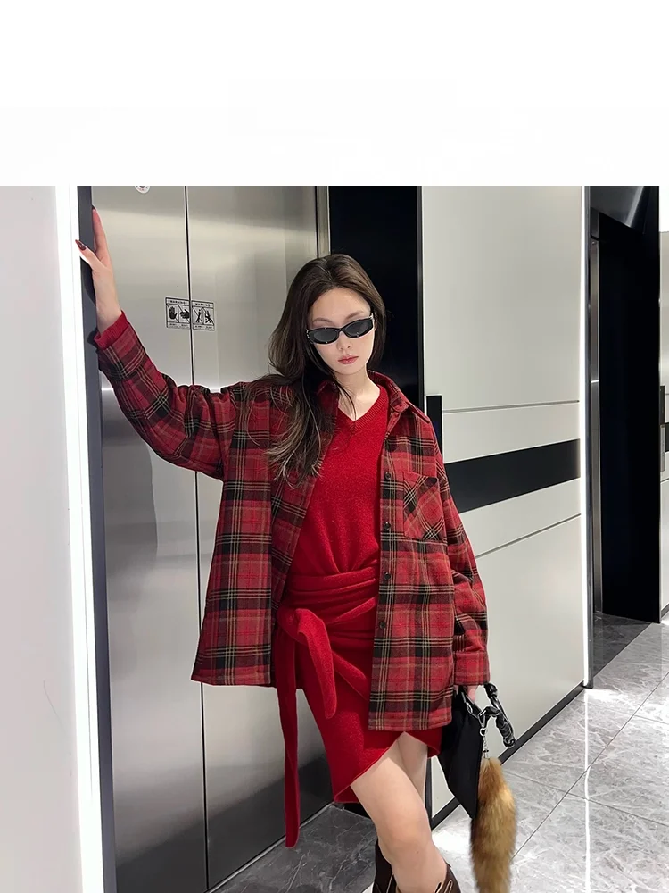 

Classic Large Red Plaid Long Sve irt Women's Faionable Street Sle Loose Fit Autumn Winter New Arrival CNWEI