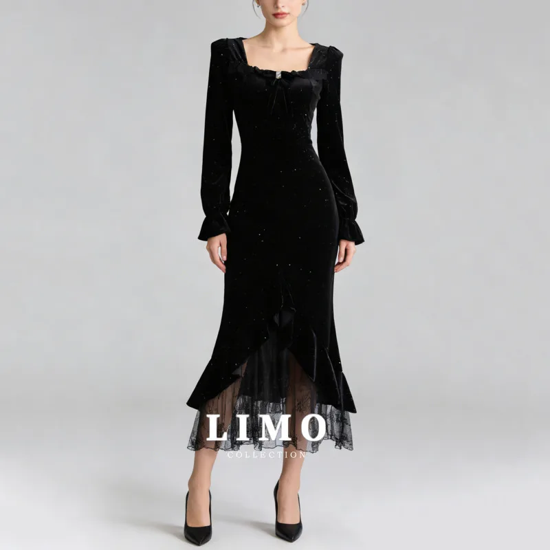 

LIMO 2026 New Women's Black Red Velvet Maxi Dress Glitter Detail Bell Sleeves Lace Hem Mermaid Formal Evening Party Wear