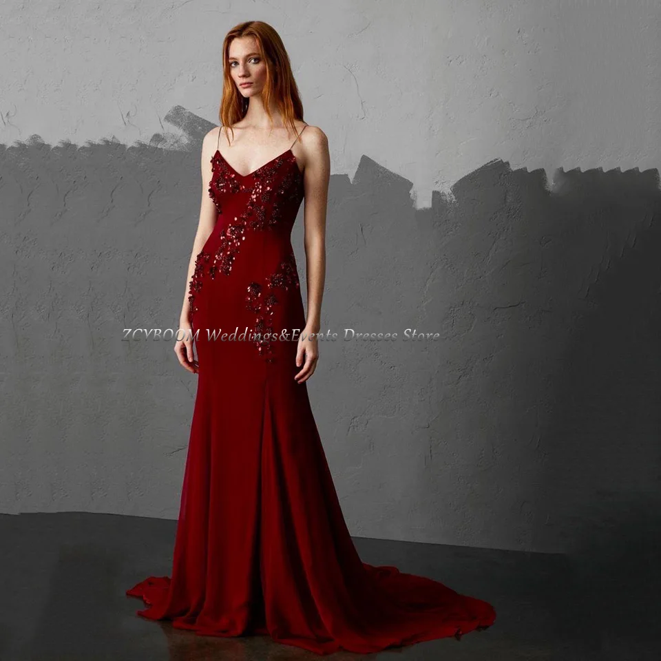 Customized Charming Burgundy Spaghetti Strap V-Neck Sequin Evening Dress 2024 Mermaid Floor Length Stain Custom Made Prom Dress