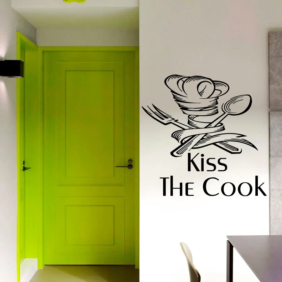 Kiss The Cook Ribbon Cutlery Wall Sticker Creative Hollow Out Home Decor Waterproof Removable Wall Decals