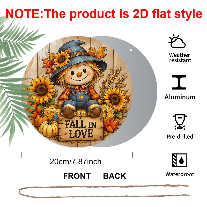 2D Flat, 1pc Fall Round Aluminum Hanging Sign, Rustic Cartoon Style Plaid Overalls Scarecrow Blue Witch Hat Sunflower