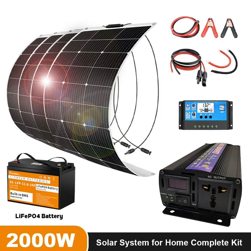 new 2000W Solar System Kit WaterProof Single Crystal Solar Panel Camping RV Home Charging 12V With Battery