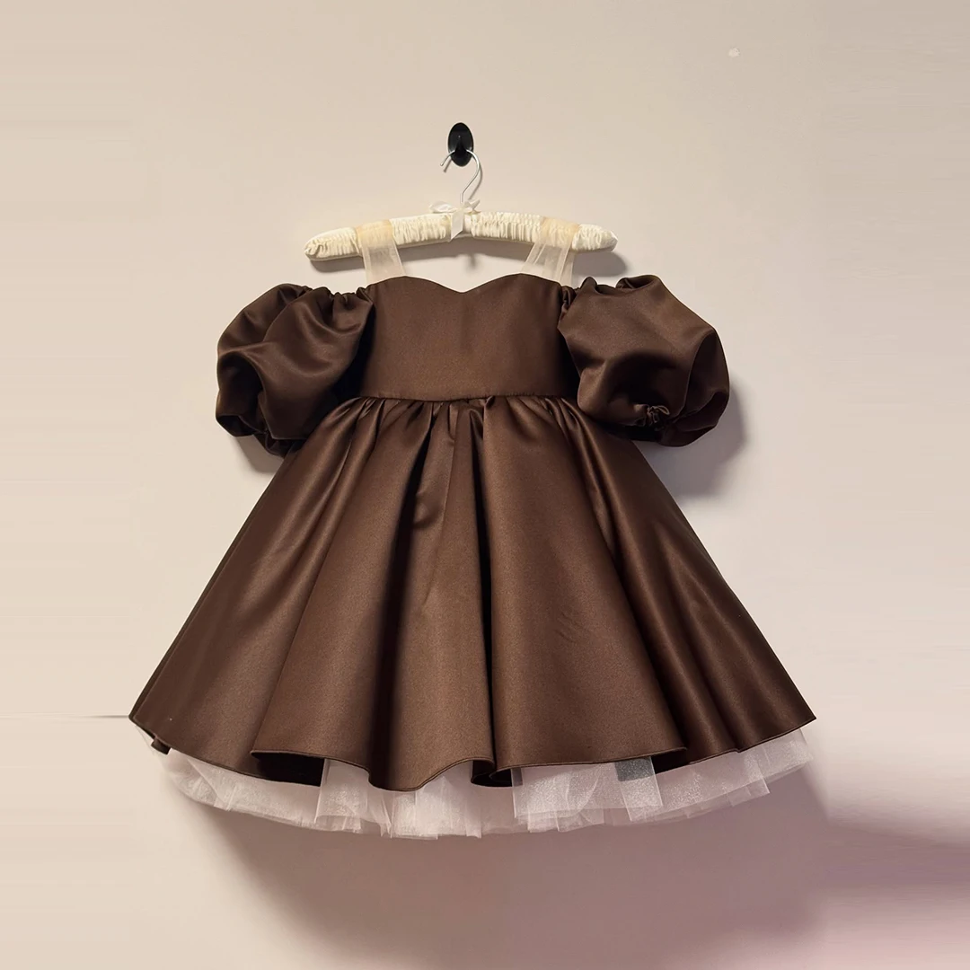 

Атласное бальное платье трапециевидной формы с рюшами принцессы, вечерние платья-пачки для маленьких девочек, пышная детская одежда трапециевидной формы на свадьбу, день рождения