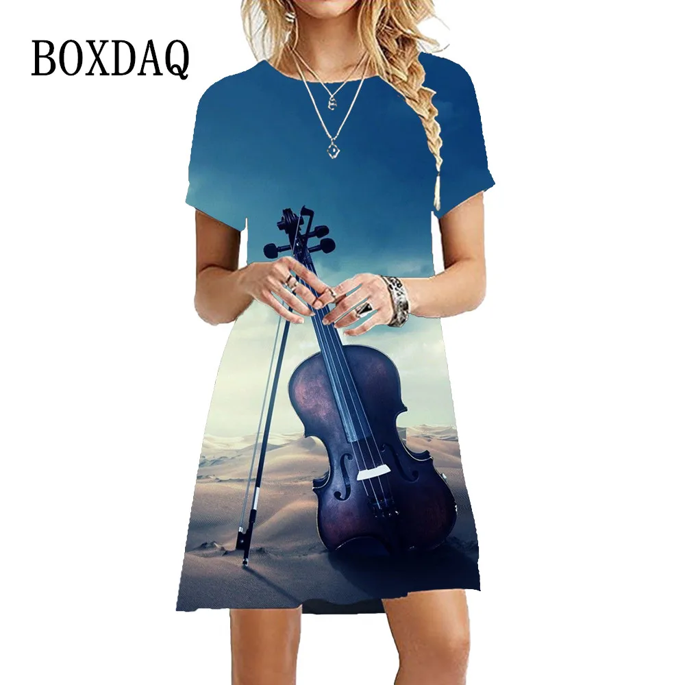 Violin Pattern Print Women Dress Elegant Fashion Sweet Casual Short Sleeve A-Line Dress Summer O-Neck Party Oversized Clothing