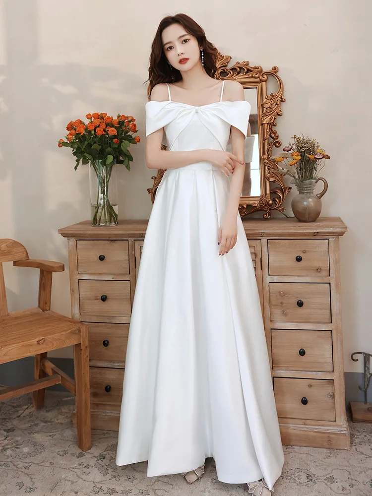 

Women White French Simple Satin Wedding Dress Elegant Spaghetti Strap Off The Shoulder Classic A-line Evening Dresses Vestidos