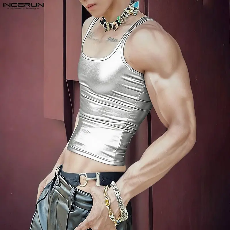 

Мужские майки INCERUN, однотонные, блестящие, с круглым вырезом, без рукавов, уличная одежда, вязаные, летние, сексуальные, модные, повседневные, мужская одежда