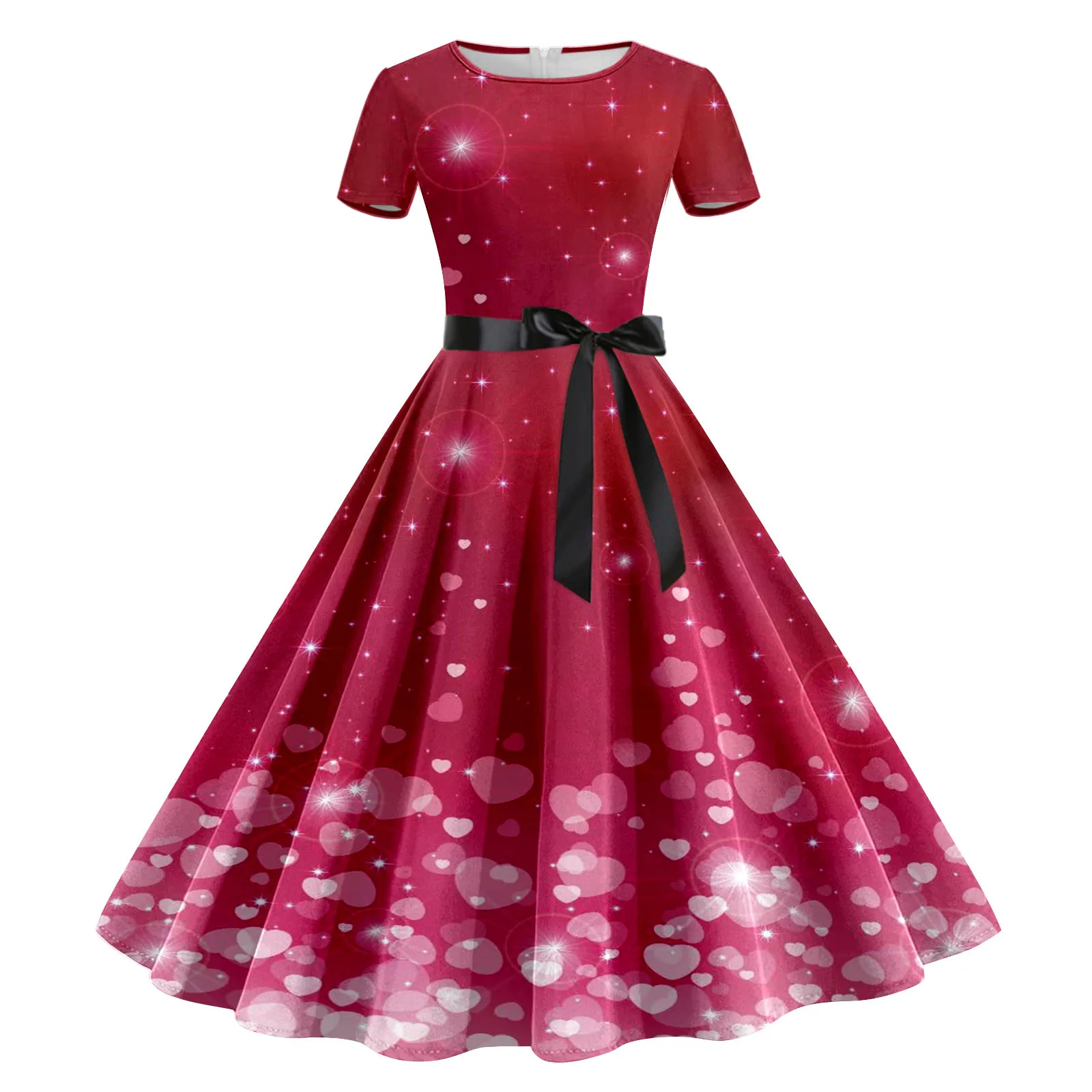 Robe de Soirée à Manches Courtes et Col Rond pour Femme, Tenue de Bal, Imprimé Rose, Saint-Valentin, Années 1950, 007