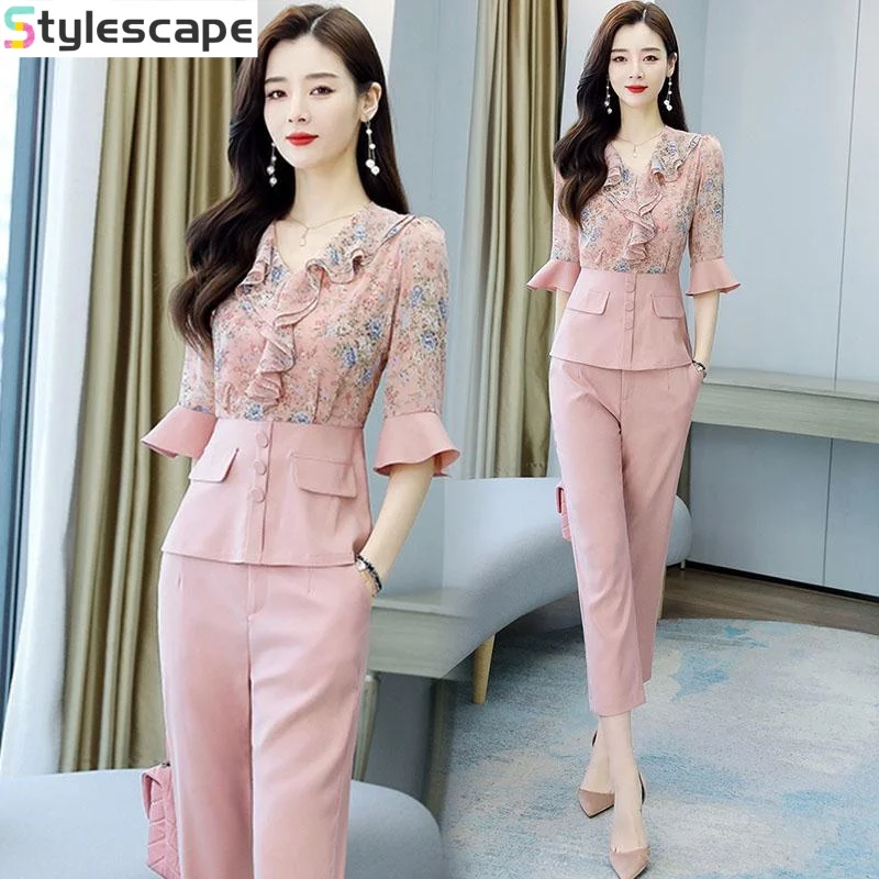 Celebrity Temperament Chiffon Shirt Large Set Summer New Goddess Style Casual Fashion Reducing Age Professional Two Piece Set