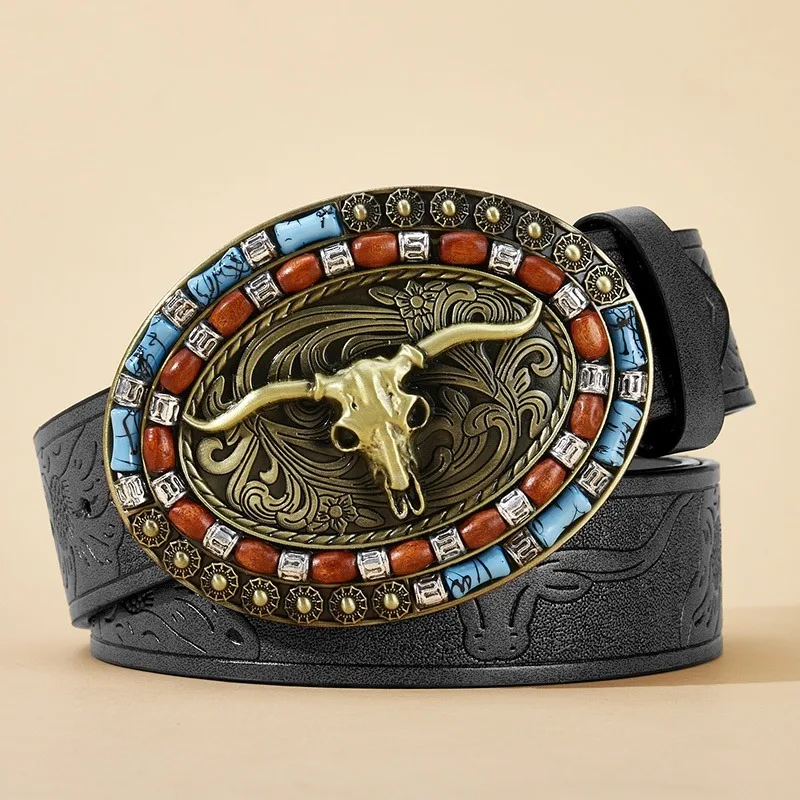 

3.8cm Women Men Cowboy Belt Western Smooth Buckle Belts Retro Longhorn Bull Pattern Buckle Belt Floral Engraved Buckle Belt