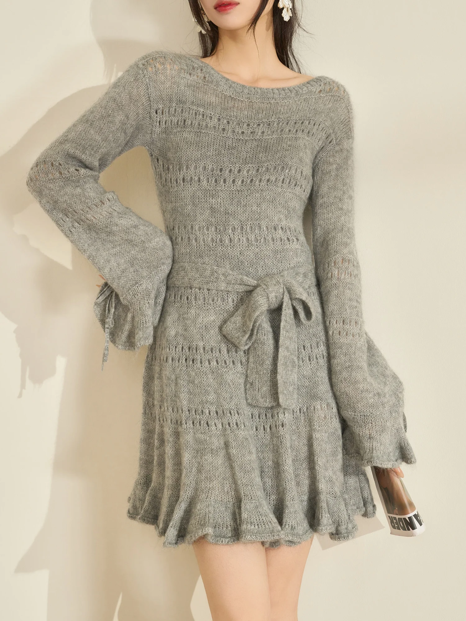 

ay Knitted Dr Hollow out Wooden Spring New Sle Casual Waist a Long Sve A-Line Skirt for Women