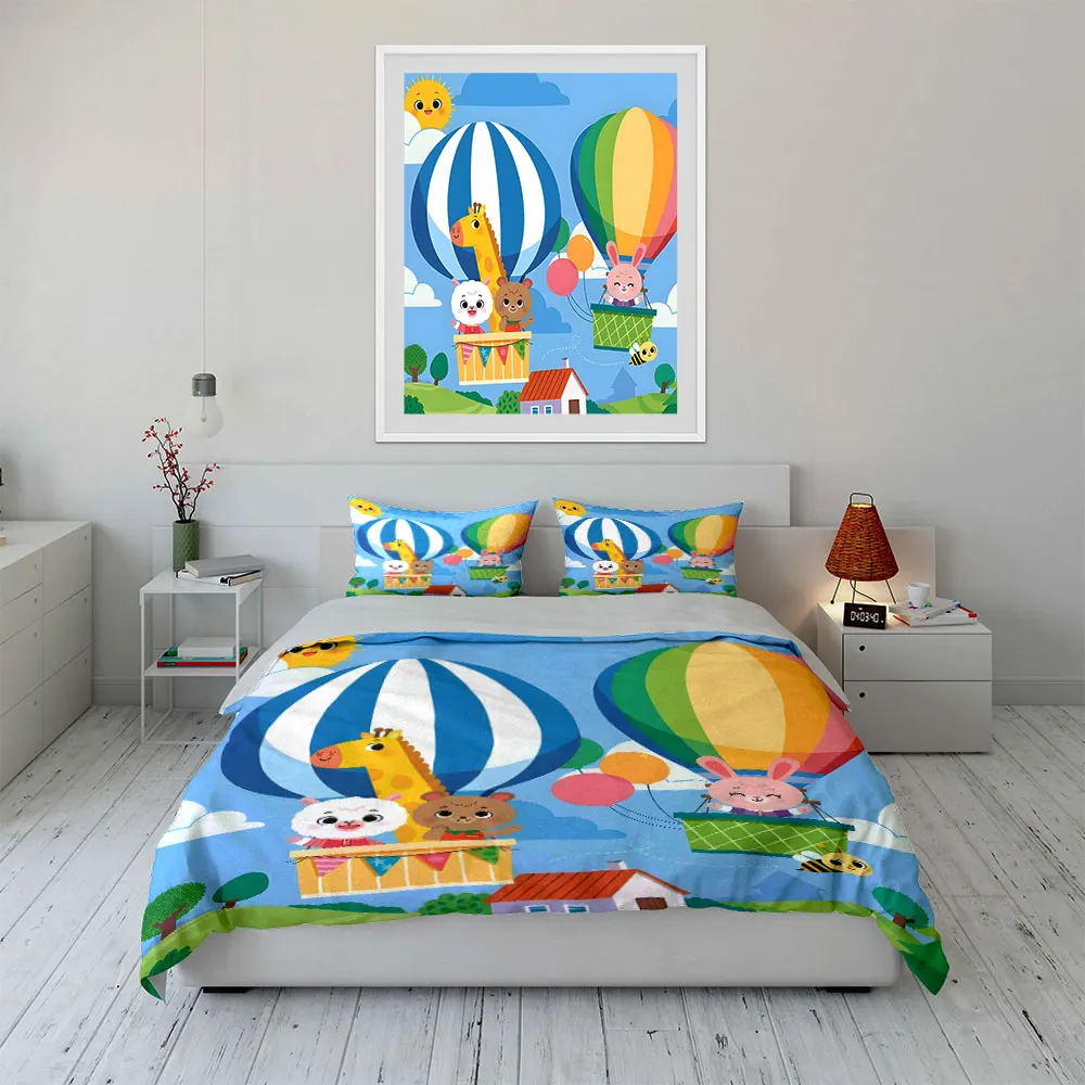 Hot air balloons with cartoon animals Print Soft Comfortable Duvet Cover Bedding Set Included 1*Duvet Cover  2*Pillowcases