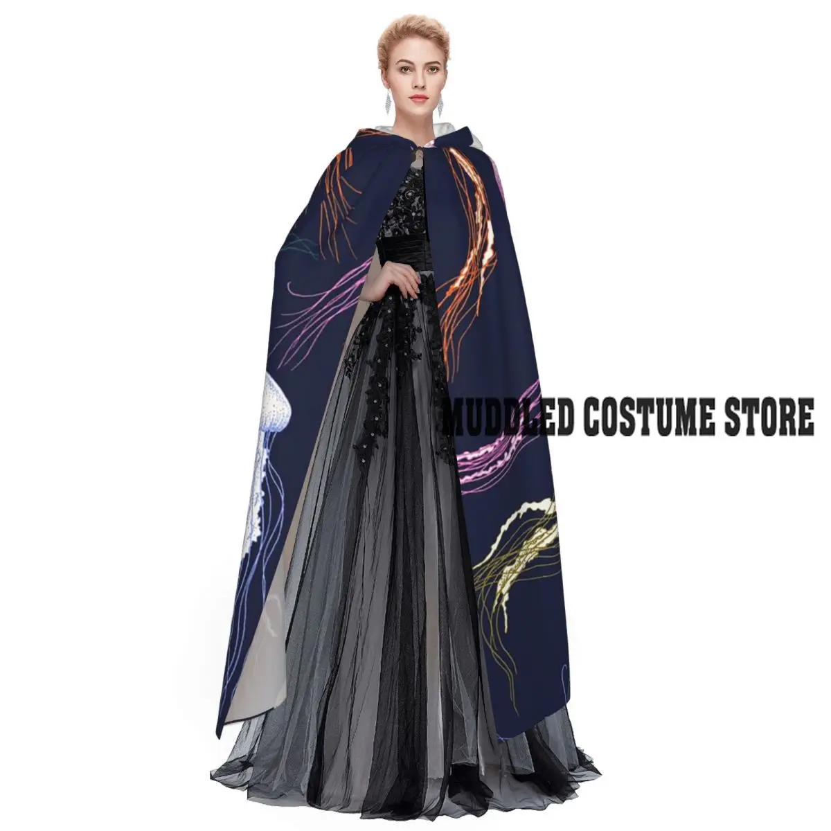 Mantello lungo con cappuccio meduse arcobaleno Costume medievale da strega Mantello cosplay Cappotto di Halloween Adulto unisex