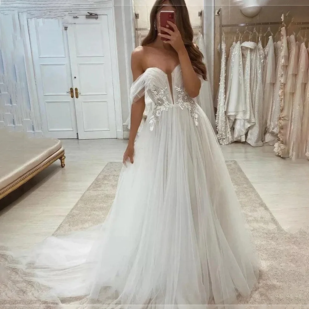 Kadınlar için omuz aplikler dantel Illusion düğün elbisesi kapalı A-line mahkemesi Backless gelinlik vestidos de vestidos