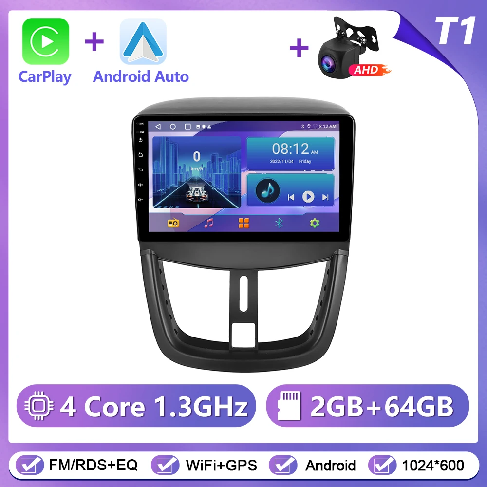 Podofo draadloze CarPlay Android Auto autoradio voor Peugeot 207 2009-2013 GPS navigatie 2Din multimediasysteem autoradio stereo