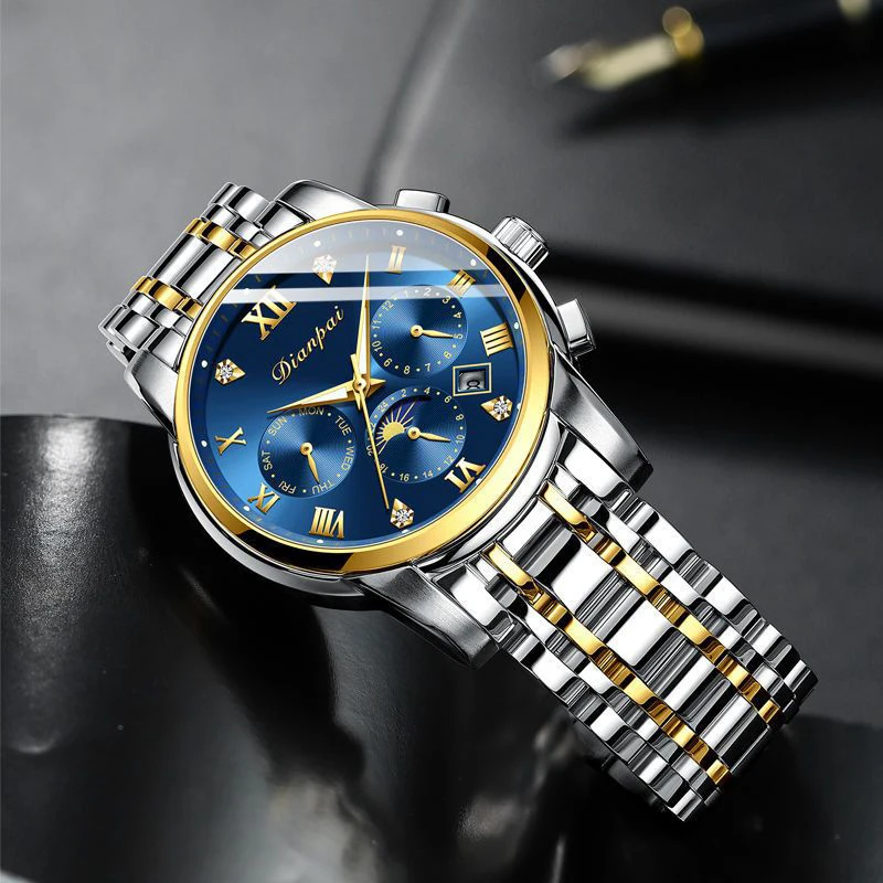 Dianpai calendário de três olhos e seis agulhas pulseira de aço inoxidável relógio mecânico automático luminoso relógio masculino da moda