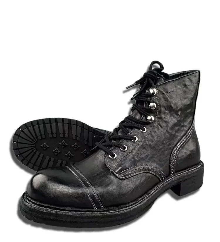 Gewaschene Herren-High-Top-Retro-Lederstiefel mit dicken Sohlen und hohem Bund, kurze Lederstiefel von Goodyear – handgefertigte Pferdelederschuhe, getragene Stiefel
