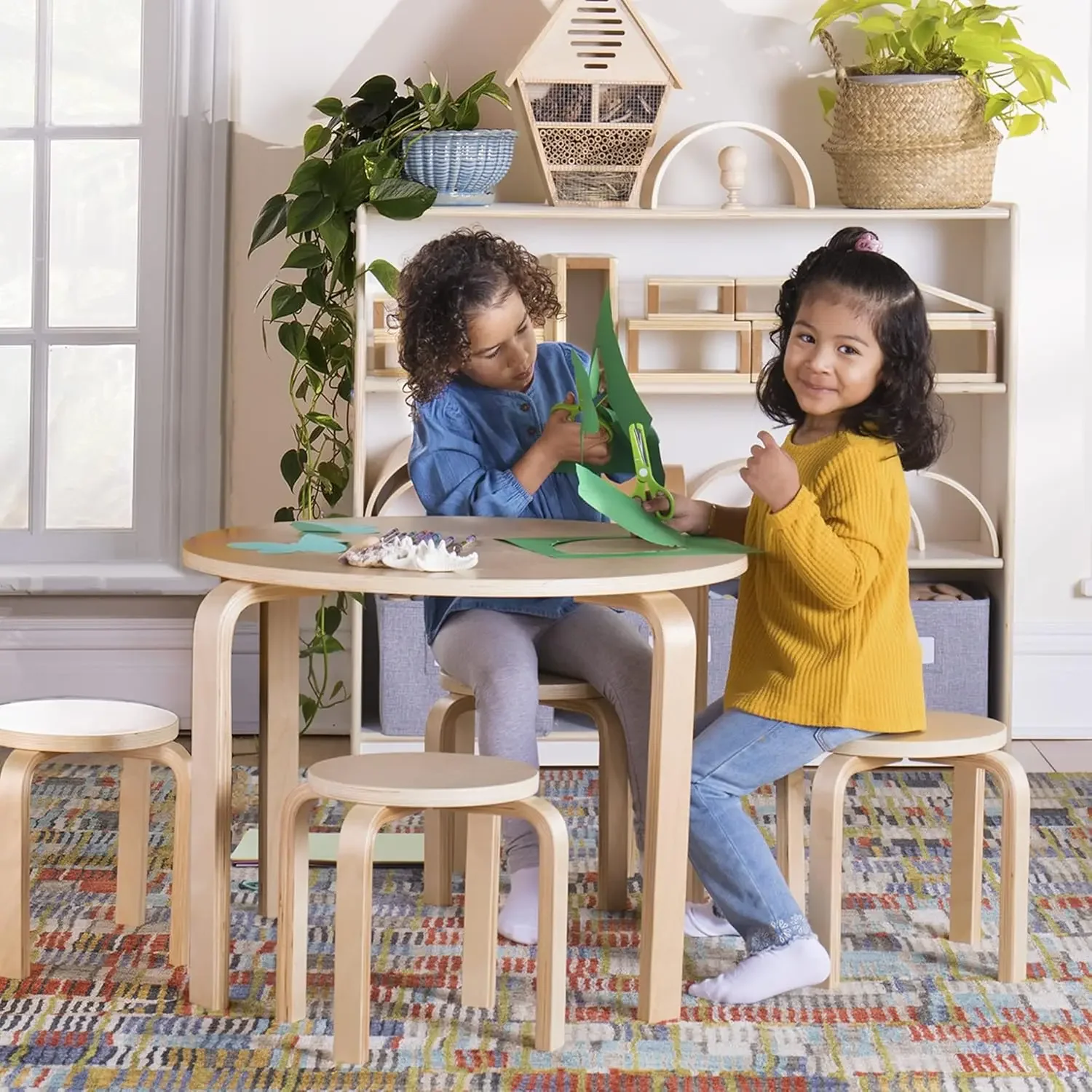 Table and Chairs Set for Kids: Natural - 4 Stacking Bentwood Stools with Curved Wood Activity Table - Children's Modern K