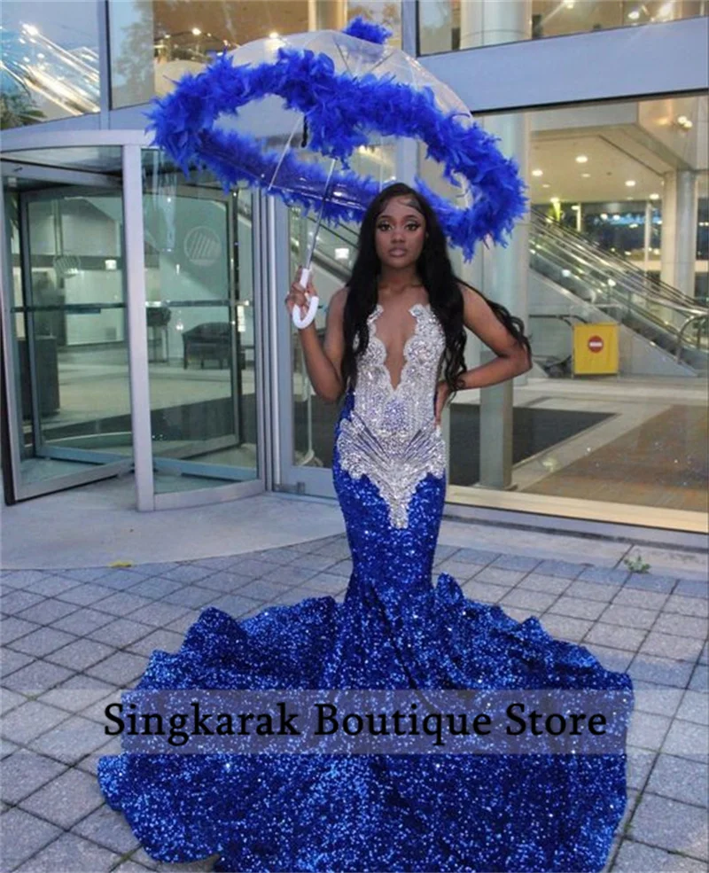 New Arrival 2024 Royal Blue Prom Dress 2024 Beads Crystals Rhinestones Glitter Birthday Party Wedding Reception Evening Gown