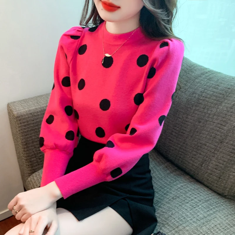 

Autumn Vintage Women Sweater Hit Color Polka Dot Pullovers Korean Puff Sleeve Casual O Neck Short Sweaters Stylish Knitwear Tops