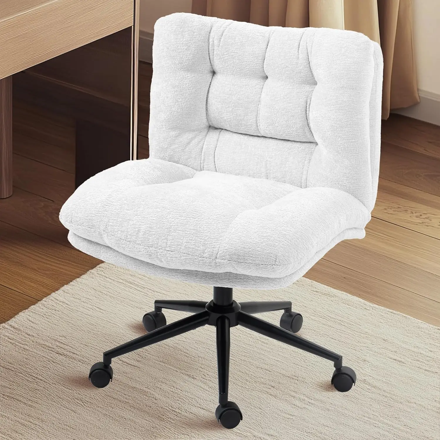 

Criss-Cross Wide-Cushion Fabric Vanity Chair on Wheels for Home Desk, Cream White, Customized