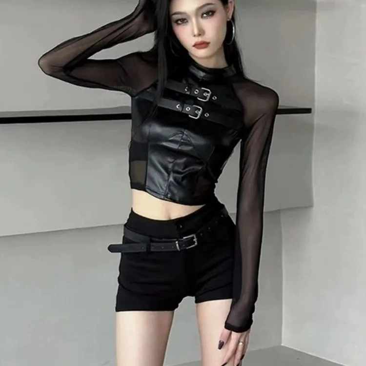 Harajuku Sexy Crop Top Black Leather T-shirts 2024 Autumn New Slim Fit Tee Shirt Y2k E-Girl Long Sleeve Mesh Tops Women