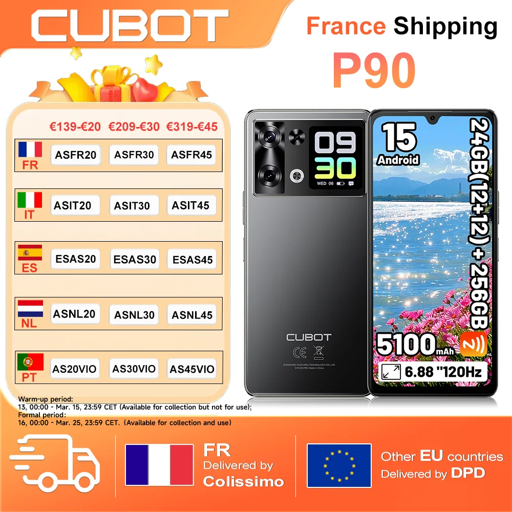 Cubot P90 Smartphone 24GB(12 +12) + 256GB Android 15 6.88 "120Hz G100 64MP + 16MP 5100mAh téléphone portable NFC identification faciale empreinte digitale