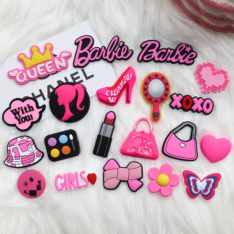 MINISO 20P Cute Cartoon PVC Pink Fashion Barbie Shoe Flowers DIY Hole Shoes Sandals Charm Shoes Accessories Party Festival Gifts