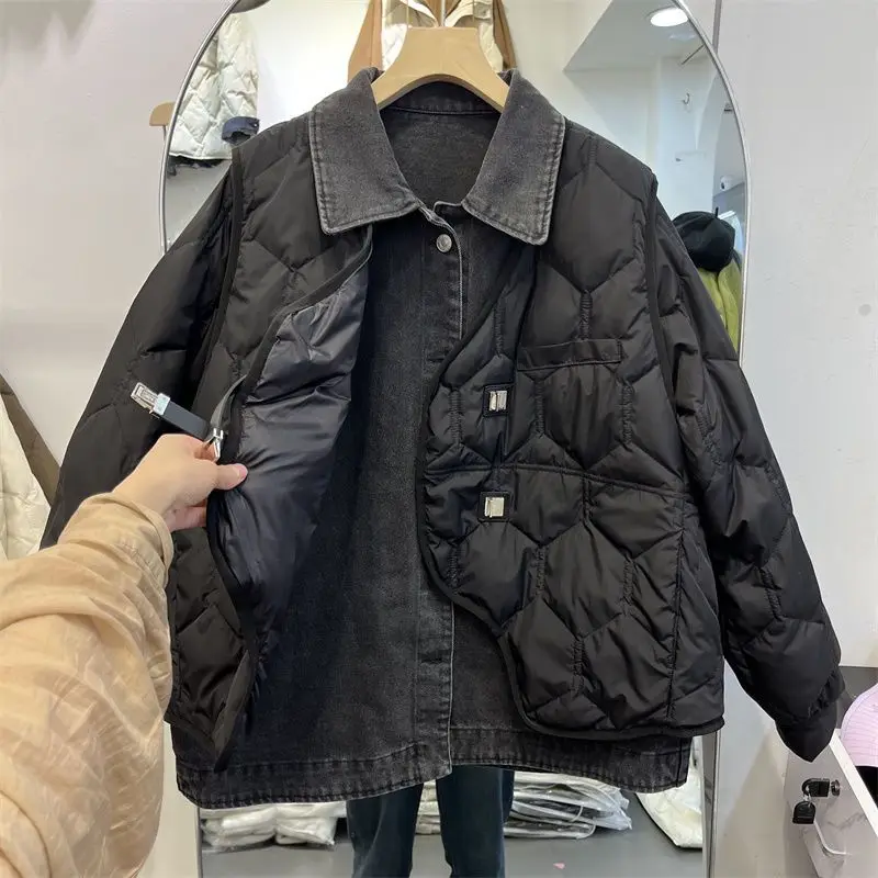 Zimowa nowa damska kurtka puchowa z denimu Luźna kurtka łącząca