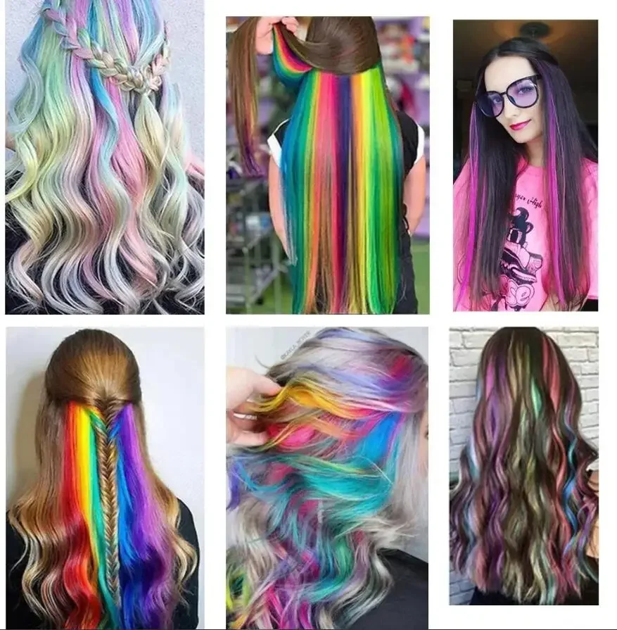 20Pcs Synthetic Long Straight Hair Extension 22inch Rainbow Colorful Hairpiece Purple Red Blue Hairpiece For Women