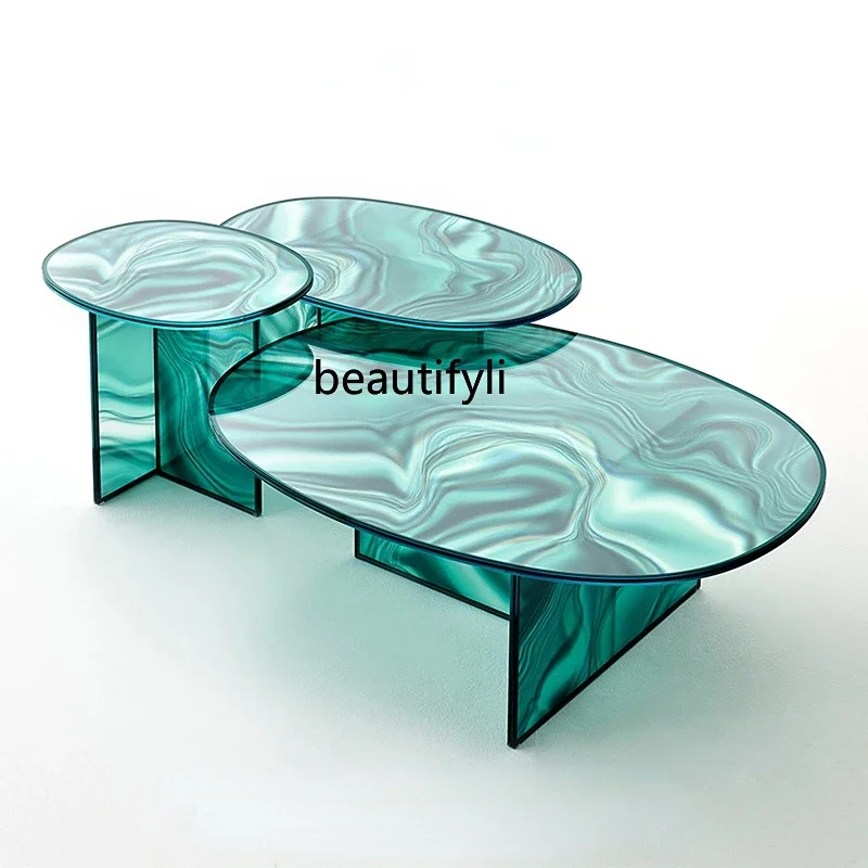 yj Fashion Designer Ins Living Room Bedroom Dream Flowing Color Water Ripple Glass Tea Table Side Table